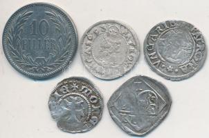 Vegyes: 1383. Denár Ag "Mária" (0,44g) + 1577KB Denár Ag "II. Miksa" (0,46g) + 1693KB Denár Ag "I. Lipót" (0,48g) + 1892KB 10f + Ausztria/Salzburg 1511. Pfennig Ag (0,34g) T:vegyes Unger I.:442.c, Unger II.:767.a,1114., Adamo K3