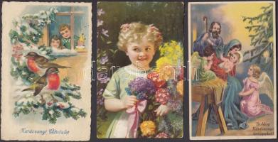 10 db RÉGI motívumlap pár lithoval; üdvözlő (karácsony, újév) gyerek / 10 old motive cards with some litho; greeting (christmas, New Year) children