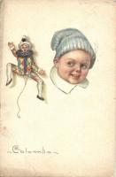 Kisfiú, bohóc, olasz művészeti képeslap s: Colombo, Italian art postcard, clown, boy s: Colombo