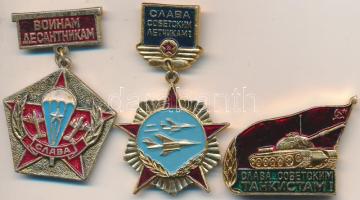 Szovjetunió DN Zománcozott harckocsi kitűző + zománcozott vadászrepülős jelvény + zománcozott ejtőernyős jelvény T:2 Soviet Union ND Enamelled tank pin + enamelled jet fighter badge + enamelled paratrooper badge C:XF