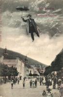 1905 Trencsénteplic, Trencianske Teplice; Repülő úriember esernyővel / Ein Ausflug nach Trencsin-Teplitz / Fflying gentleman with umbrella montage (Rb)