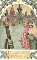 Returning from vespers, Russian art postcard published by 'Salon' s: Plochinski
