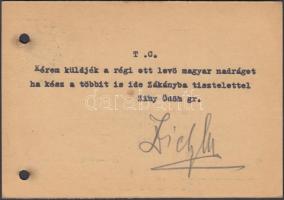 1937 Zichy Ödön gróf aláírása levelezőlapon