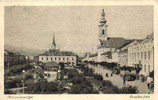 Máramarossziget, Erzsébet Főtér, Márton Jenő felvétele / main square, church, park (small tear)
