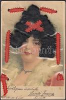 Lady, decorated postcard, litho (EB)