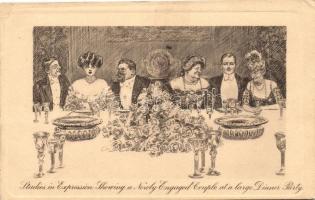 Studies Expression Showing a Newly Engaged Couple at a large Dinner Party, couple humour, James Henderson & Sons, Pictorial Comedy No. 82. (EK)