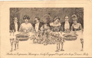 Studies Expression Showing a Newly Engaged Couple at a large Dinner Party, couple humour, James Henderson & Sons, 'Pictorial Comedy' No. 82., Friss jegyesek bemutatása, humor James Henderson & Sons, 'Pictorial Comedy' No. 82.