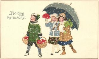 Christmas, mushrooms; litho