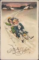 New Year, sleighing, litho