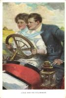Love and six cylinders, driver lady, couple in automobile, M.Munk Vienne Nr. 742. s: Underwood