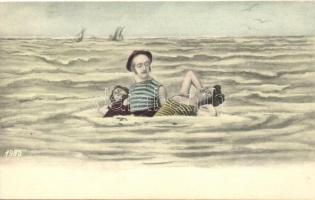 Man with two ladies in the see, humour, collage
