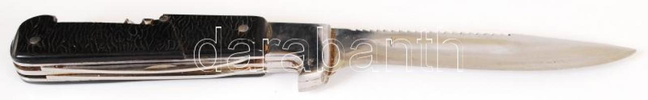 Többfunkciós jelzés nélküli vadászkés bőr tokban, penge hossza: 12 cm