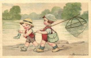 Young fishermen; Italian art postcard, Ultra 2321. s: Colombo (fa)