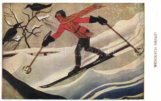 'Z cyklu zima: Na nartach' Polish Christmas greeing, skiing s: Z. Stryjenska