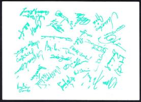 1974 "75 éves a Ferencvárosi Torna Club" emléklap, hátoldalán az akkori futballcsapat tagjainak nyomtatott aláírásával.