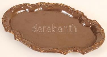Kopott aranyozású barna kerámia tál apró karcolásokkal, 29x19 cm
