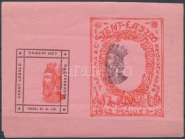 1942 Szent László ünnepei hét Nagyváradon emlékív fogazatlan fázisnyomat rózsaszín papíron, eltolódott fejképekkel (sarokhiány)