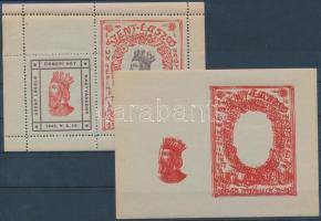 1942 Szent László ünnepei hét Nagyváradon emlékív zöldesszürke papíron + ugyan az fogazatlan fázisnyomat kettős piros színnyomattal, barna színnyomat nélkül