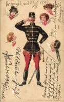 1899 Soldier, ladies, humour, litho s: Geiger