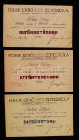 1919-1921 3 db, intézeti versenyen való részvételért járó dicsérő, illetve kitüntető oklevél Fodor Ernő zeneiskolájából, Fodor Ernő (1878-1944) zongoraművész, zenepedagógus aláírásával.