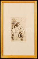 Borsos Miklós (1906-1990): Várakozó nők. Rézkarc, papír, jelzett, üvegezett keretben, 9×13 cm