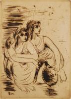 Borsos Miklós (1906-1990): Várakozó nők. Rézkarc, papír, jelzett, üvegezett keretben, 9×13 cm