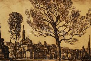 Szabó Vladimír (1905-1991): Pestről Buda. Rézkarc, papír, jelzett, üvegezett keretben, 22×39 cm