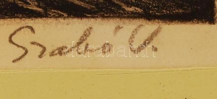 Szabó Vladimír (1905-1991): Pestről Buda. Rézkarc, papír, jelzett, üvegezett keretben, 22×39 cm