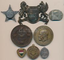 8db vegyes magyar és külföldi emlékérem, jelvény és plakett, közte 1915. "Frigyes Főherceg Tábornagy" tombak sapkajelvény. Szign.: Marschall (32x43mm) + 1931. "Demény Károly Örökös Vándordíj Emlékérem" Br emlékérem (60mm) + ~1930. "Magyar Királyi Téli Gazdasági Iskola" zománcozott Br jelvény. Szign.: Walther Budapest - Székesfehérvár 133. T:vegyes