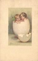 Italian art postcard, children in egg, 596-2. s: Colombo (EK)