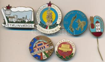 6db vegyes zománcozott szocialista jelvény, közte "Sztálinváros", "II. Kerületért" T:vegyes