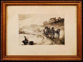 Bencze László (1907-1992): Vásár után. Rézkarc, papír, jelzett, üvegezett keretben, 19×27 cm