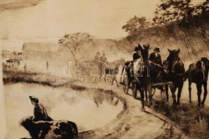 Bencze László (1907-1992): Vásár után. Rézkarc, papír, jelzett, üvegezett keretben, 19×27 cm