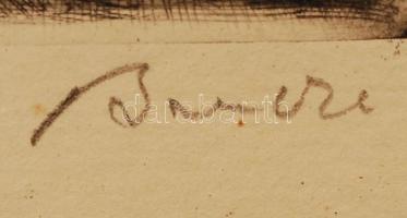 Bencze László (1907-1992): Vásár után. Rézkarc, papír, jelzett, üvegezett keretben, 19×27 cm