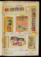 Okmánykivágások okmány- és illetékbélyegekkel, okmányok, képeslapok, alkalmi bélyegek, pecsétek bélyegcserefüzetbe gyűjtve, feliratozva