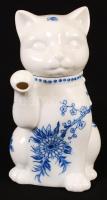 Kék virágmintás cica formájú porcelán kiöntő, hibátlan, jelzés nélkül, m: 17 cm