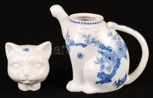Kék virágmintás cica formájú porcelán kiöntő, hibátlan, jelzés nélkül, m: 17 cm