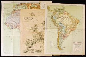 cca 1890-1938 Kogutowicz Manó (1851-1908) térképész 2 db térképlapja: Afrika politikai térképe (1:20000000, 47×43 cm), Dél-Amerika politikai térképe (1:20000000, 43×34 cm), valamint a Pesti Hírlap színes térképmelléklete: "Európa 1938 végén", ill. hátoldalán "Az ezeréves Magyarország"; utóbbi három részre szakadva.