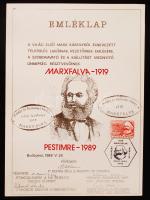 1989 Bp., Pestimre, A világ első Marx Károlyról elnevezett település lakóinak, vezetőinek emlékére kiadott emléklap, pecséttel, bélyegekkel