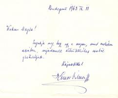 1963 Komor Vilmos (1895-1971) karmester aláírása és saját kezű gratuláló sorai Rigó Magda (1910-1985) operaénekesnőnek az Érdemes művész-díj elnyerése kapcsán írt levelén.