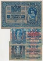 1902. 1000K piros "Deutschösterreich" bélyegzéssel + 1913. 20K + 1913. 20K II. kiadás, pir...
