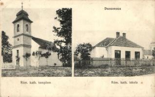 Dunamocs,  Római katolikus templom és iskola, kiadja Lajos Mihály / Roman Catholic church and school (fa)