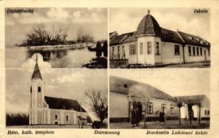 Dunacsún, iskola, Bankovits Lukácsné üzlete, Római katolikus templom / school, shop, Roman catholic church (fa)
