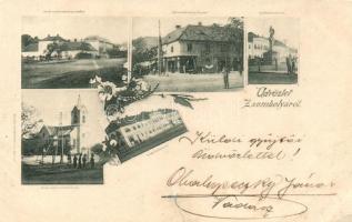 1898 Zsombolya, Gróf Csekonits kastély, Recktenwald üzlet, Flórián szobor, Vendégfogadó, Templom plé...