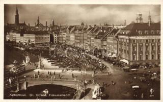 Copenhagen, Gl. Strad, Fiskemarkedet / fish market place, boat, tram, automobile