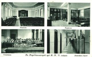 Eger, az Angolkisasszonyok B.M.V. intézete, díszterem, rajzterem, ebédlő, előadóterem, folyosó