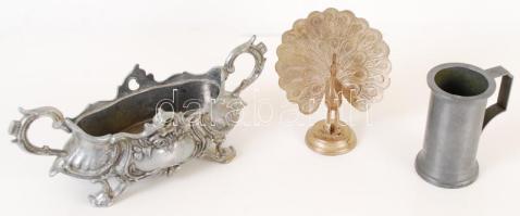 3 db antik stílusú fém asztali dísztárgy (kínáló, páva, pohár)