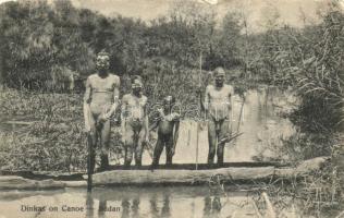 Dinkas on canoe, Sudan, folklore (b)