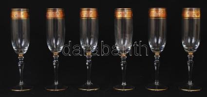 6 db hibátlan, jelzett kristály üveg pezsgős pohár készlet, arany szegéllyel / Set of champagne glasses
