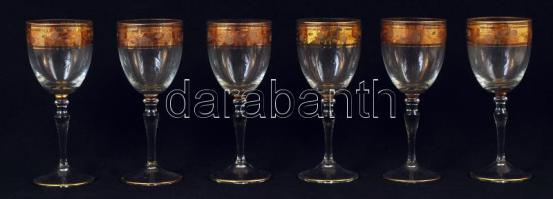 6 db hibátlan, jelzett kristály üveg boros pohár készlet, arany szegéllyel / Set of wine glasses